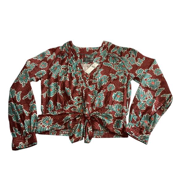 Anthropologie printed long sleeve front tie elastic back V-neck blouse size M - Picture 4 of 8